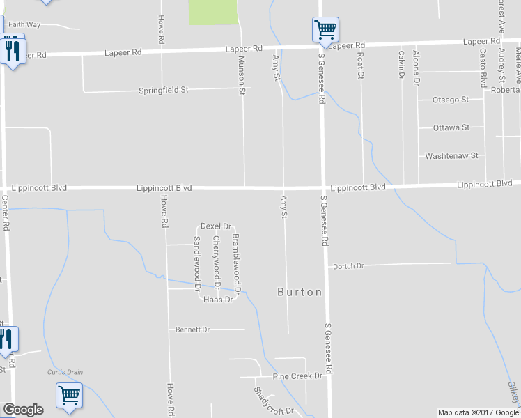 map of restaurants, bars, coffee shops, grocery stores, and more near 4408 Lippincott Boulevard in Burton