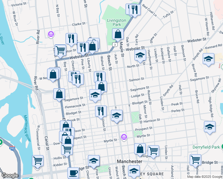 map of restaurants, bars, coffee shops, grocery stores, and more near 812 New Hampshire 28 in Manchester