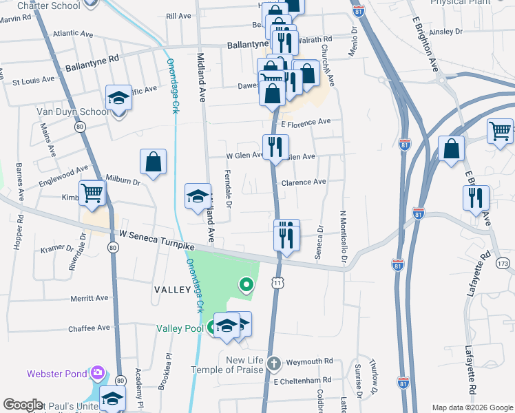 map of restaurants, bars, coffee shops, grocery stores, and more near 209 Crippen Avenue in Syracuse