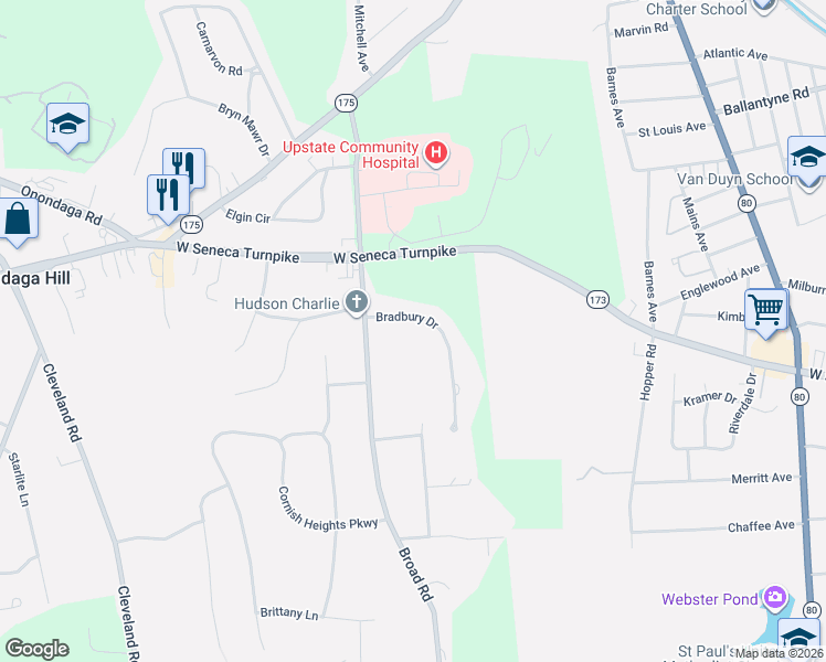 map of restaurants, bars, coffee shops, grocery stores, and more near 5020 Bradbury Drive in Syracuse