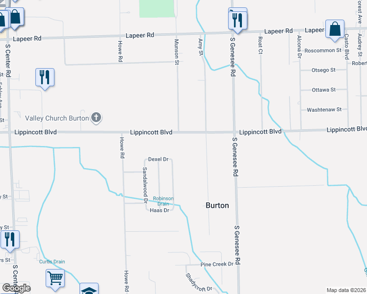 map of restaurants, bars, coffee shops, grocery stores, and more near 4408 Lippincott Boulevard in Burton