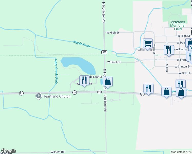 map of restaurants, bars, coffee shops, grocery stores, and more near 8941 Maple Leaf Drive in Ovid