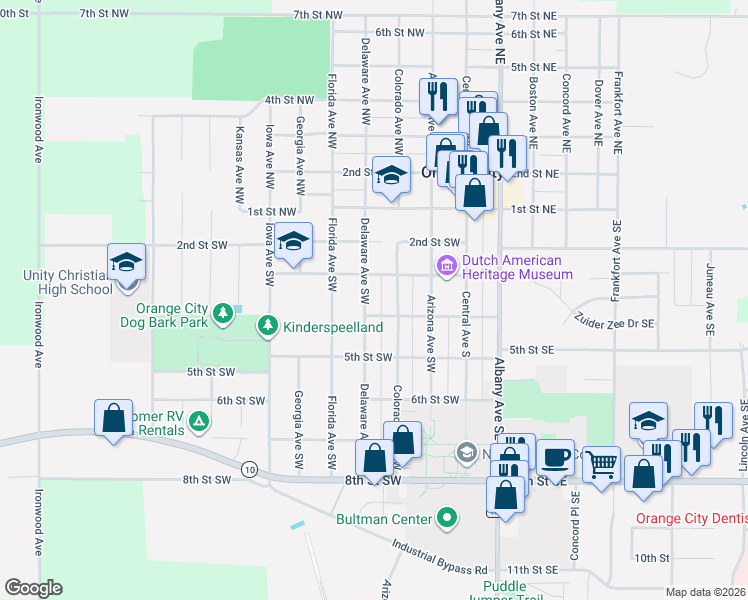 map of restaurants, bars, coffee shops, grocery stores, and more near 300-398 Colorado Avenue Southwest in Orange City