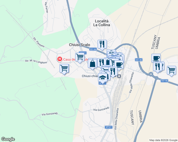 map of restaurants, bars, coffee shops, grocery stores, and more near 16 Piazza XXVI Giugno 1944 in Chiusi Scalo