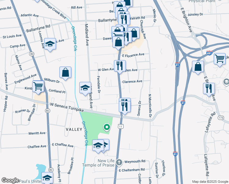 map of restaurants, bars, coffee shops, grocery stores, and more near 4510 South Salina Street in Syracuse