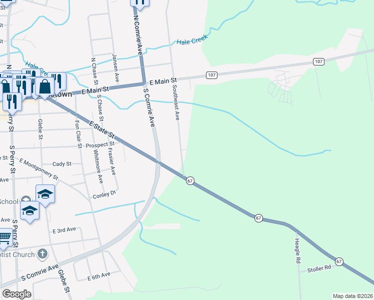 map of restaurants, bars, coffee shops, grocery stores, and more near 50 Southeast Avenue in Johnstown