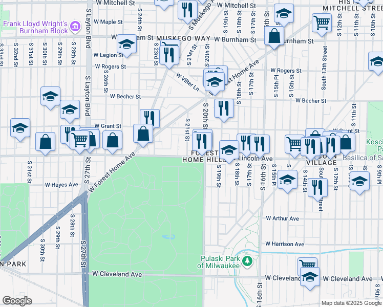 map of restaurants, bars, coffee shops, grocery stores, and more near 2016-2018 West Lincoln Avenue in Milwaukee