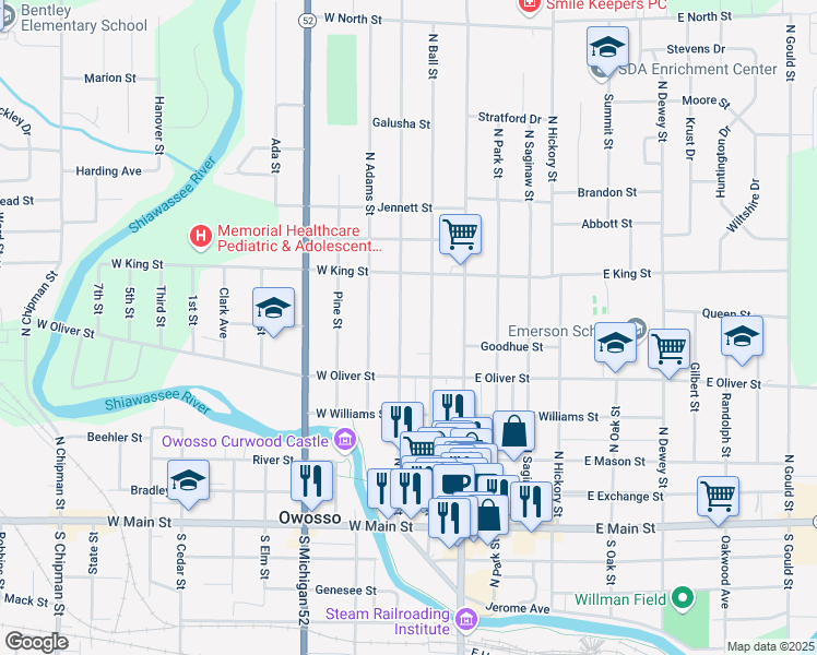 map of restaurants, bars, coffee shops, grocery stores, and more near 600 North Water Street in Owosso