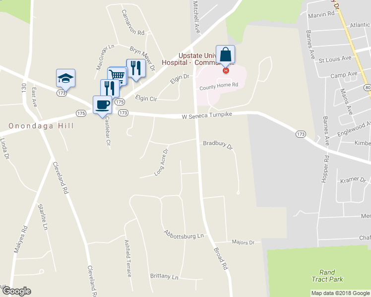 map of restaurants, bars, coffee shops, grocery stores, and more near 4992 Long Acre Drive in Syracuse