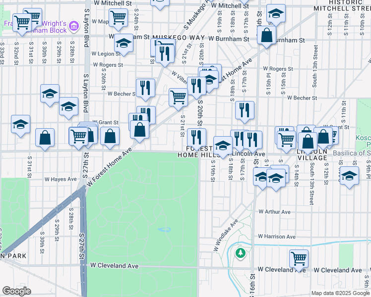 map of restaurants, bars, coffee shops, grocery stores, and more near 2016-2018 West Lincoln Avenue in Milwaukee