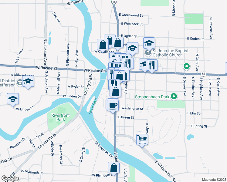 map of restaurants, bars, coffee shops, grocery stores, and more near 305 South Main Street in Jefferson