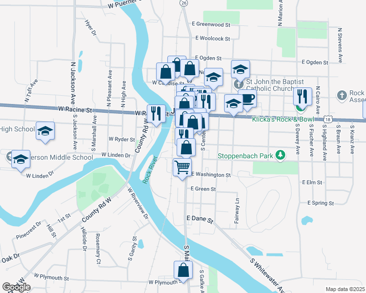 map of restaurants, bars, coffee shops, grocery stores, and more near 305 South Main Street in Jefferson