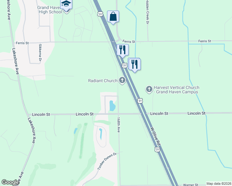map of restaurants, bars, coffee shops, grocery stores, and more near 16801 Watersedge Drive in Grand Haven
