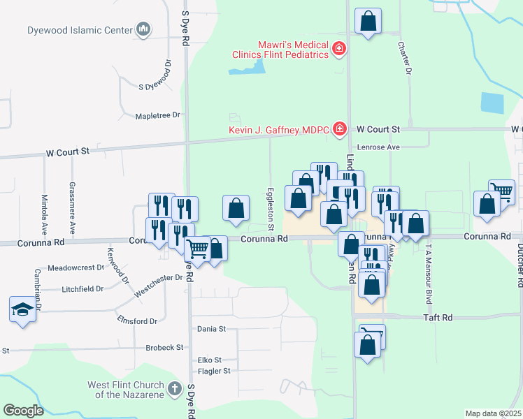 map of restaurants, bars, coffee shops, grocery stores, and more near 1476 Eggleston Avenue in Flint