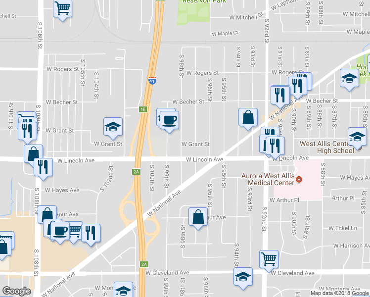 map of restaurants, bars, coffee shops, grocery stores, and more near 97 West Grant Street in West Allis