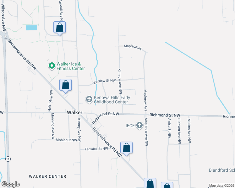 map of restaurants, bars, coffee shops, grocery stores, and more near 2131 Kinnrow Avenue Northwest in Walker