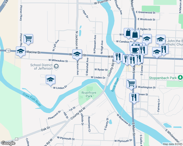 map of restaurants, bars, coffee shops, grocery stores, and more near 312 South Marshall Avenue in Jefferson