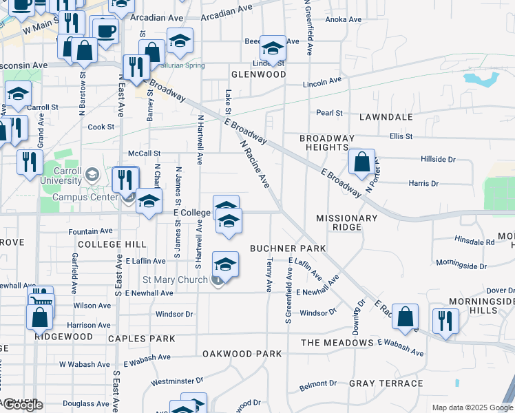 map of restaurants, bars, coffee shops, grocery stores, and more near 706 East College Avenue in Waukesha