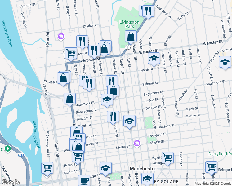 map of restaurants, bars, coffee shops, grocery stores, and more near 296 Walnut Street in Manchester