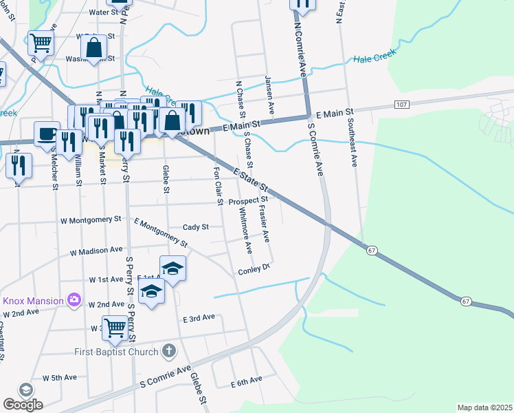 map of restaurants, bars, coffee shops, grocery stores, and more near 400 Prospect Street in Johnstown