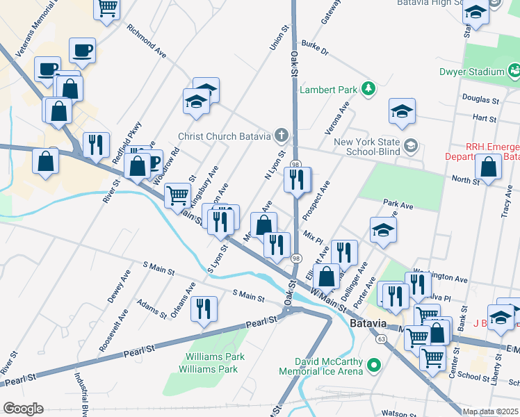 map of restaurants, bars, coffee shops, grocery stores, and more near 32 Montclair Avenue in Batavia