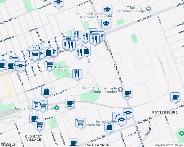 map of restaurants, bars, coffee shops, grocery stores, and more near 583 Mornington Avenue in London