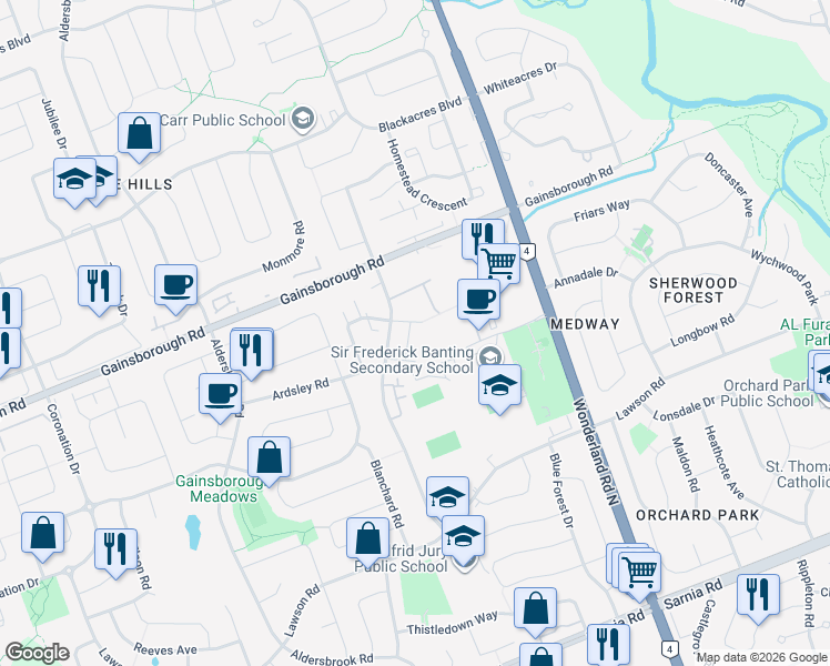 map of restaurants, bars, coffee shops, grocery stores, and more near 40 Fairfax Court in London