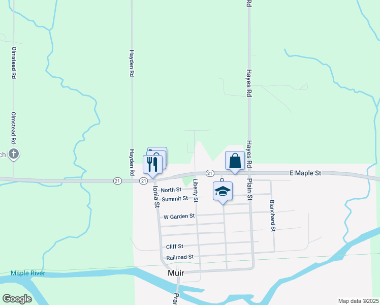 map of restaurants, bars, coffee shops, grocery stores, and more near 6759 Sydney Street in Muir