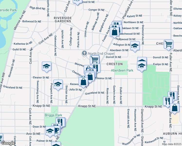 map of restaurants, bars, coffee shops, grocery stores, and more near 608 Marywood Drive Northeast in Grand Rapids