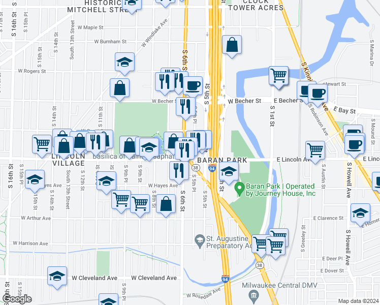 map of restaurants, bars, coffee shops, grocery stores, and more near 2249 South 5th Place in Milwaukee