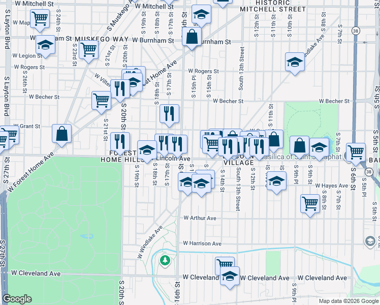 map of restaurants, bars, coffee shops, grocery stores, and more near 2254 South 16th Street in Milwaukee
