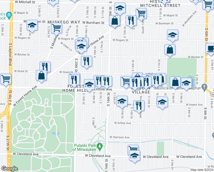map of restaurants, bars, coffee shops, grocery stores, and more near 2254 South 16th Street in Milwaukee