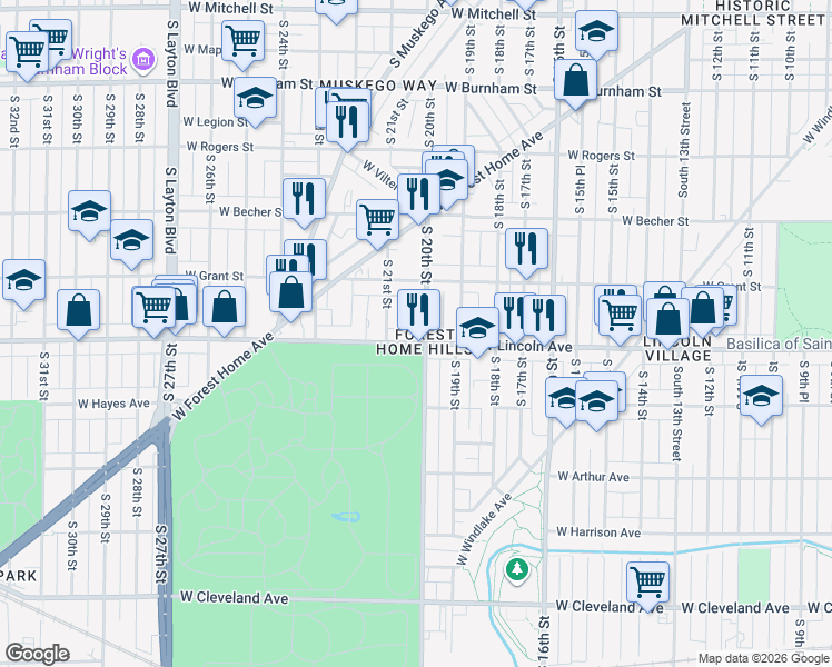 map of restaurants, bars, coffee shops, grocery stores, and more near 2016-2018 West Lincoln Avenue in Milwaukee