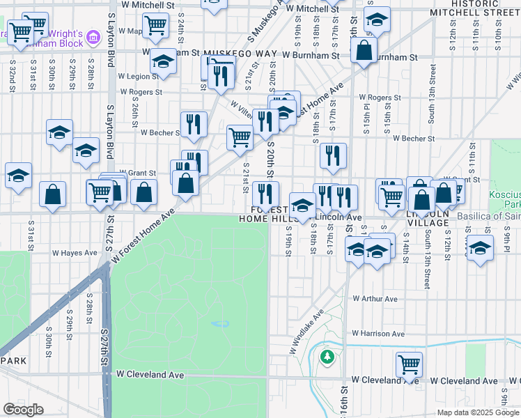 map of restaurants, bars, coffee shops, grocery stores, and more near 2016-2018 West Lincoln Avenue in Milwaukee