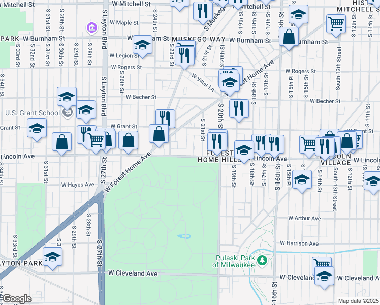 map of restaurants, bars, coffee shops, grocery stores, and more near 2118 West Lincoln Avenue in Milwaukee