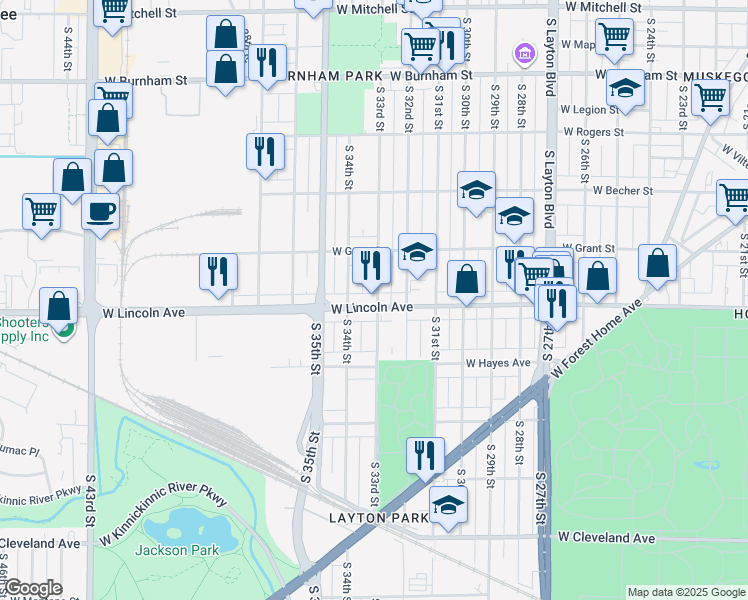 map of restaurants, bars, coffee shops, grocery stores, and more near 2257 South 33rd Street in Milwaukee