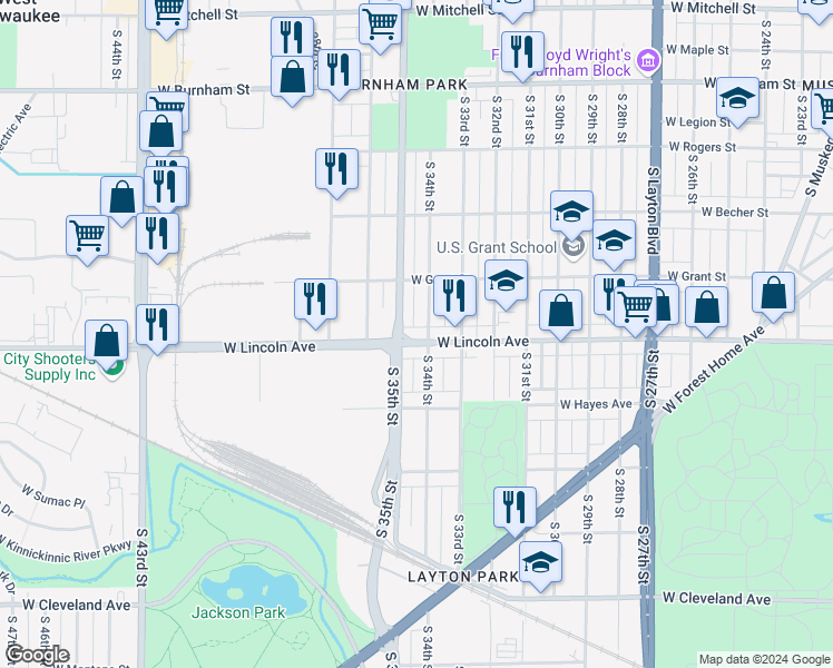 map of restaurants, bars, coffee shops, grocery stores, and more near 2255 South 34th Street in Milwaukee