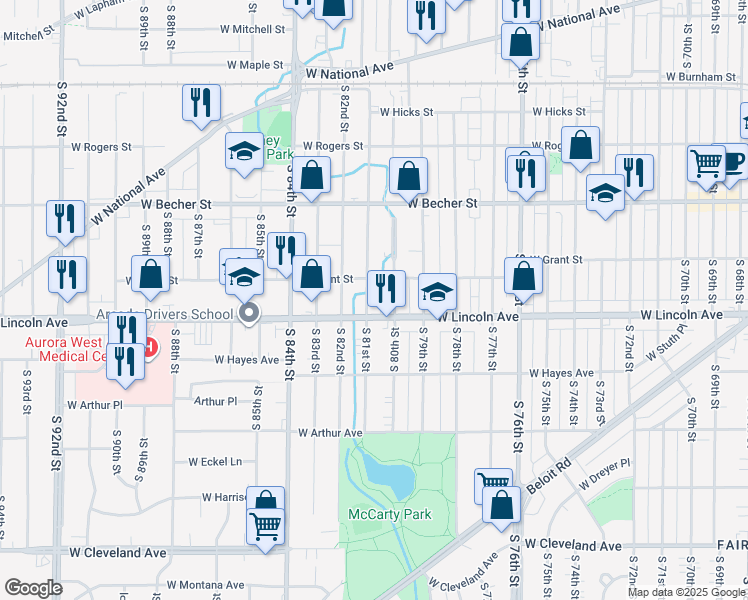 map of restaurants, bars, coffee shops, grocery stores, and more near 2222 South 81st Street in West Allis