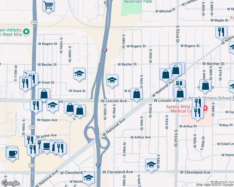 map of restaurants, bars, coffee shops, grocery stores, and more near 2201 South 98th Street in West Allis