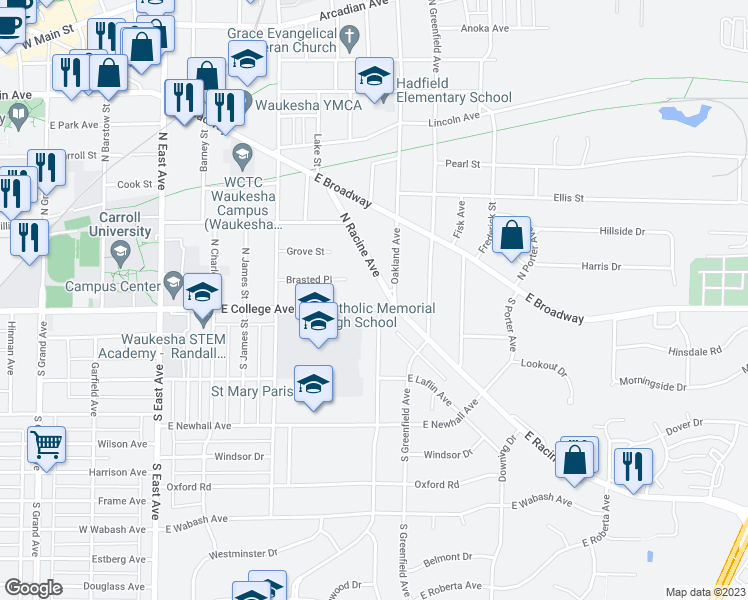 map of restaurants, bars, coffee shops, grocery stores, and more near 706 East College Avenue in Waukesha