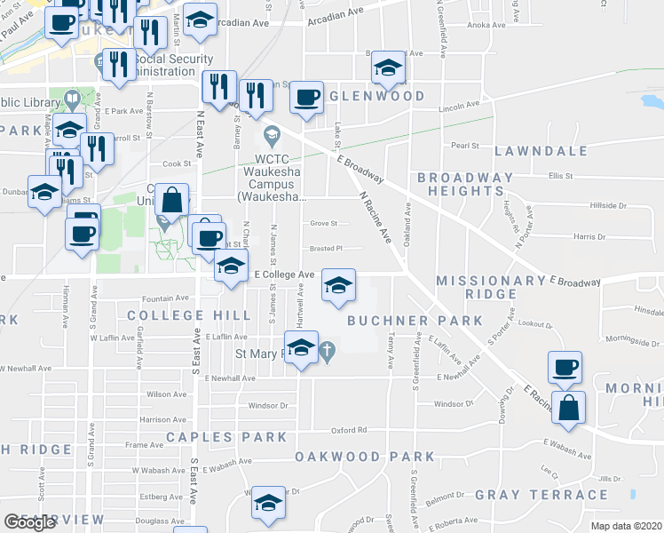 map of restaurants, bars, coffee shops, grocery stores, and more near 515 Brasted Place in Waukesha