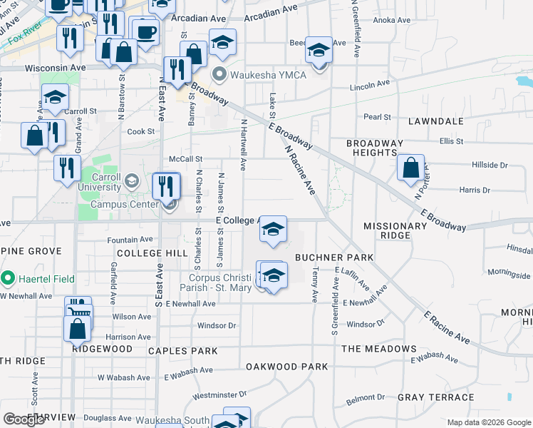 map of restaurants, bars, coffee shops, grocery stores, and more near 515 Brasted Place in Waukesha