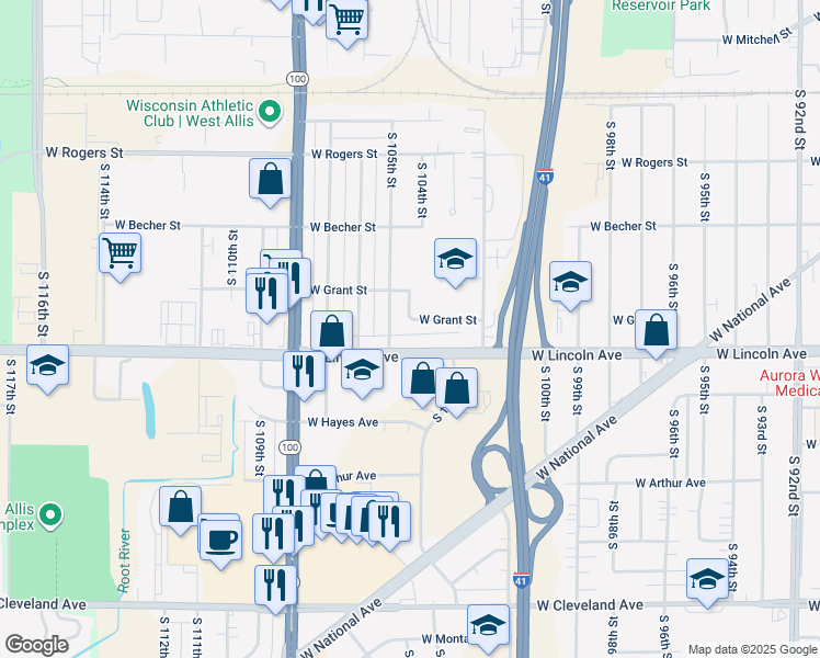 map of restaurants, bars, coffee shops, grocery stores, and more near 10407 West Grant Street in West Allis