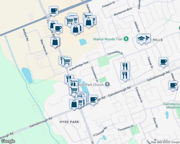 map of restaurants, bars, coffee shops, grocery stores, and more near 979 Kimball Crescent in London