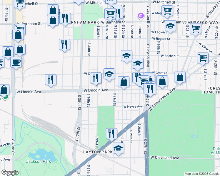 map of restaurants, bars, coffee shops, grocery stores, and more near 3132 West Lincoln Avenue in Milwaukee