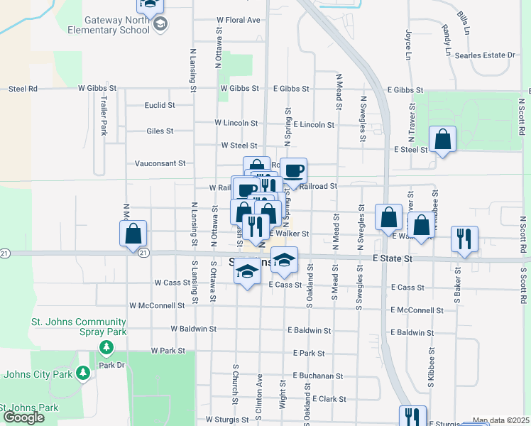 map of restaurants, bars, coffee shops, grocery stores, and more near 110 East Higham Street in Saint Johns