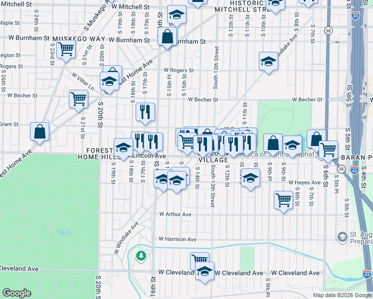 map of restaurants, bars, coffee shops, grocery stores, and more near 2253 South 15th Street in Milwaukee