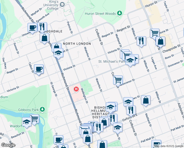 map of restaurants, bars, coffee shops, grocery stores, and more near 923 Waterloo Street in London