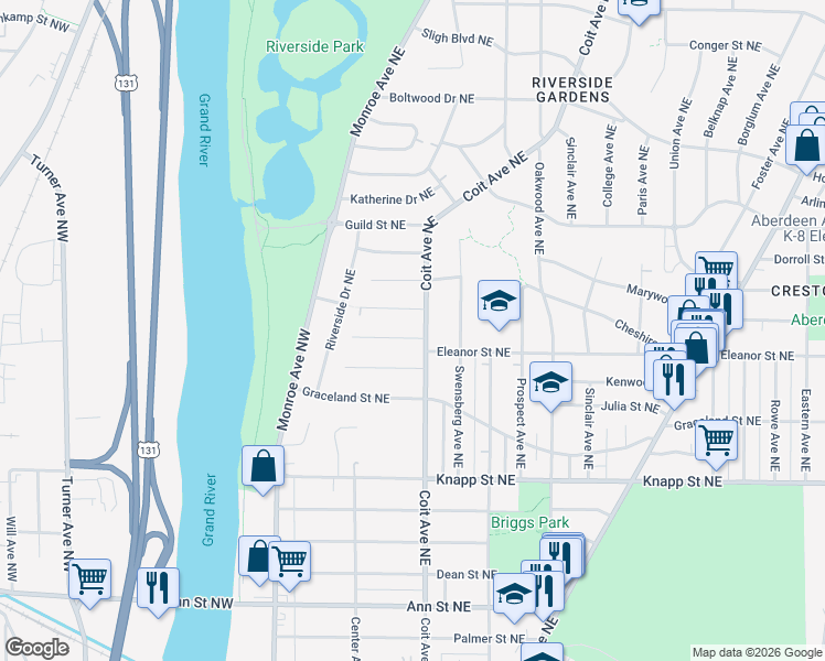 map of restaurants, bars, coffee shops, grocery stores, and more near 151 Bowne Street Northeast in Grand Rapids