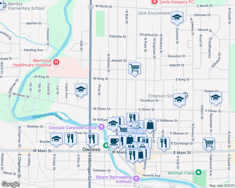 map of restaurants, bars, coffee shops, grocery stores, and more near 600 North Water Street in Owosso